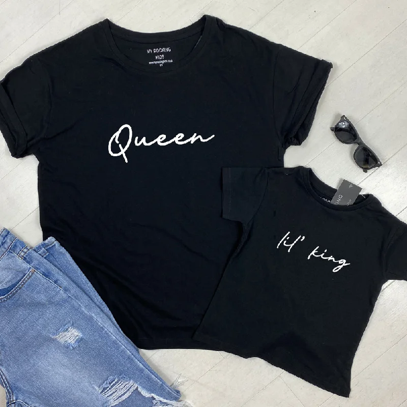 Queen & Lil' King Mum & Kid Matching Black T-Shirts