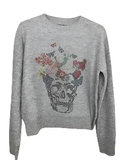 Sweater, Crewneck Gray, Flower Skull Refined Women's 