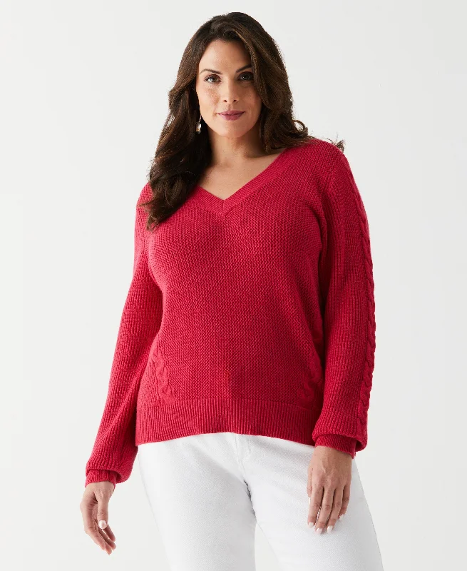 Plus Size Cable Knit V-Neck Sweater Relaxed Women's Beachy