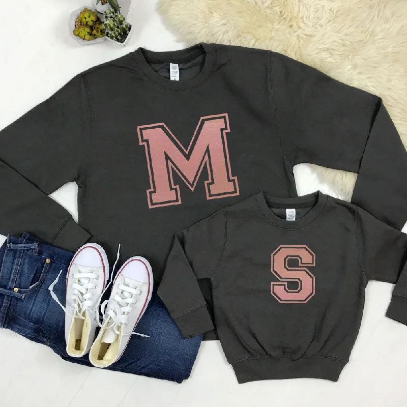 Classic Varsity Initial Family Matching Crew Sweaters - Storm/Rose Gold (MRK X)