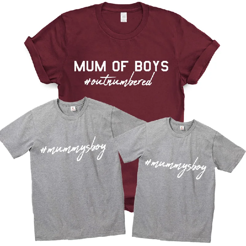 Mum Of Boys #Outnumbered Matching T-Shirts Maroon/Grey