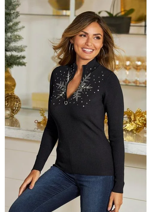 Snowflake Zip Sweater Black Women
