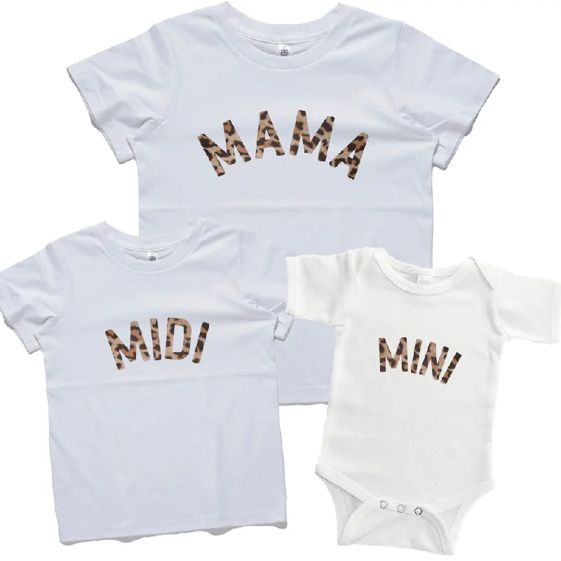 Mama, Midi & Mini Leopard Matching White Tops/Baby Vest