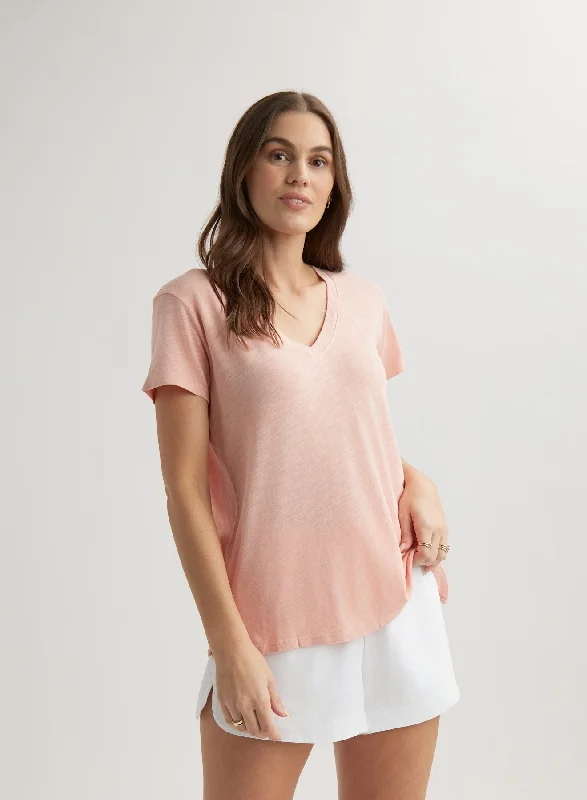 Side Slit V-Neck Tee - Peach Fizz