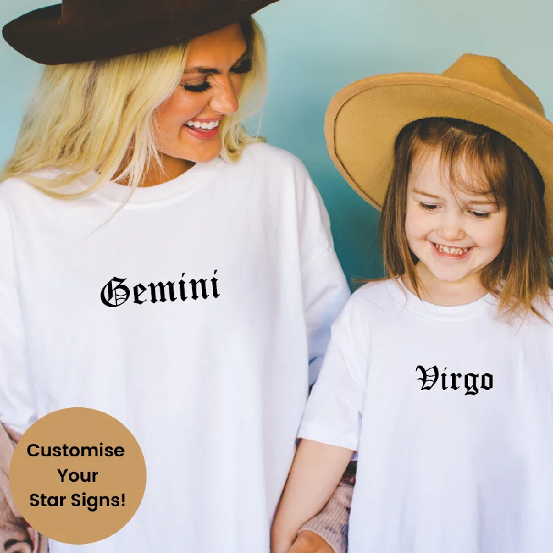 Star Signs Personalised Adult & Kid Matching White T-Shirts