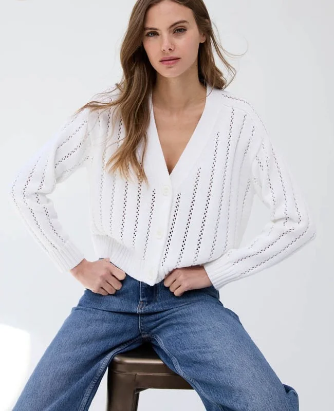 Cropped V-Neck Cardi Pointelle Ladder Stitch Bleach White Youthful Women's Pop