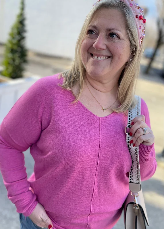 HOT PINK - V-NECK SWEATER Unique Women's Upcycled