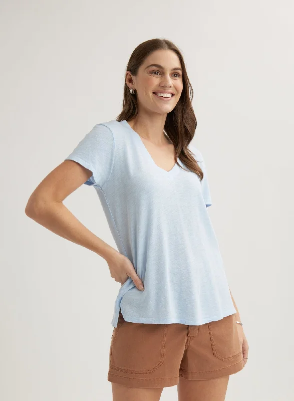 Side Slit V-Neck Tee - Perennial Blue