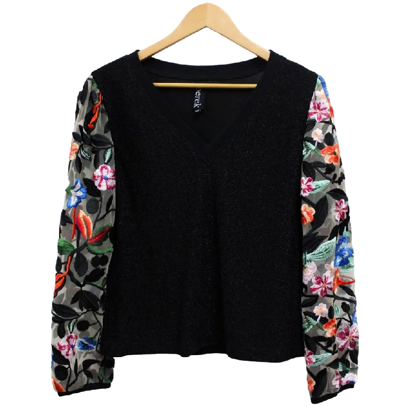 Knit V-Neck Top with Embroidered Bouquet Sleeves Compression