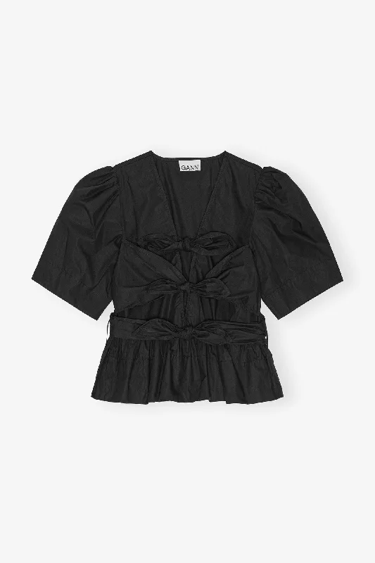 Tie Strap Black Stretch Cotton Blouse