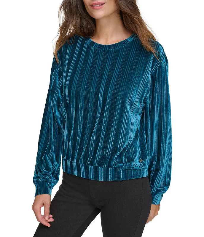 Ribbed Velvet Round Neck Long Sleeve Top Classic Women's Pin - striped