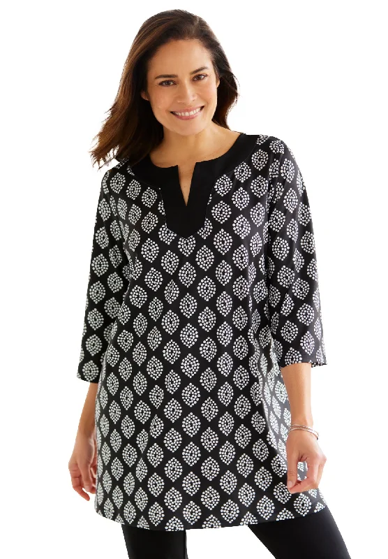 Contrast Notch-Neck Three-Quarter Sleeve Knit Tunic Youthful Women's Pop