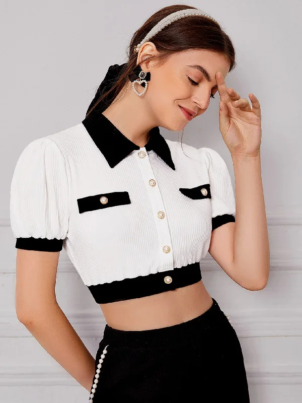 Casual Colorblock Button Front Short Sleeve Collar Crop Women T-Shirt Confident Women's Power
