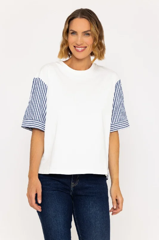 Short Sleeve White & Blue Striped Contrast Blouse