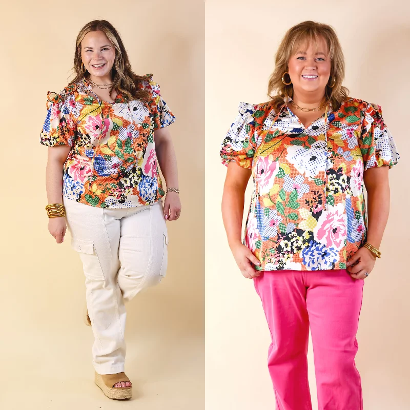 Malibu Villa Floral Print Top with Keyhole and Tie Neckline in Orange Mix