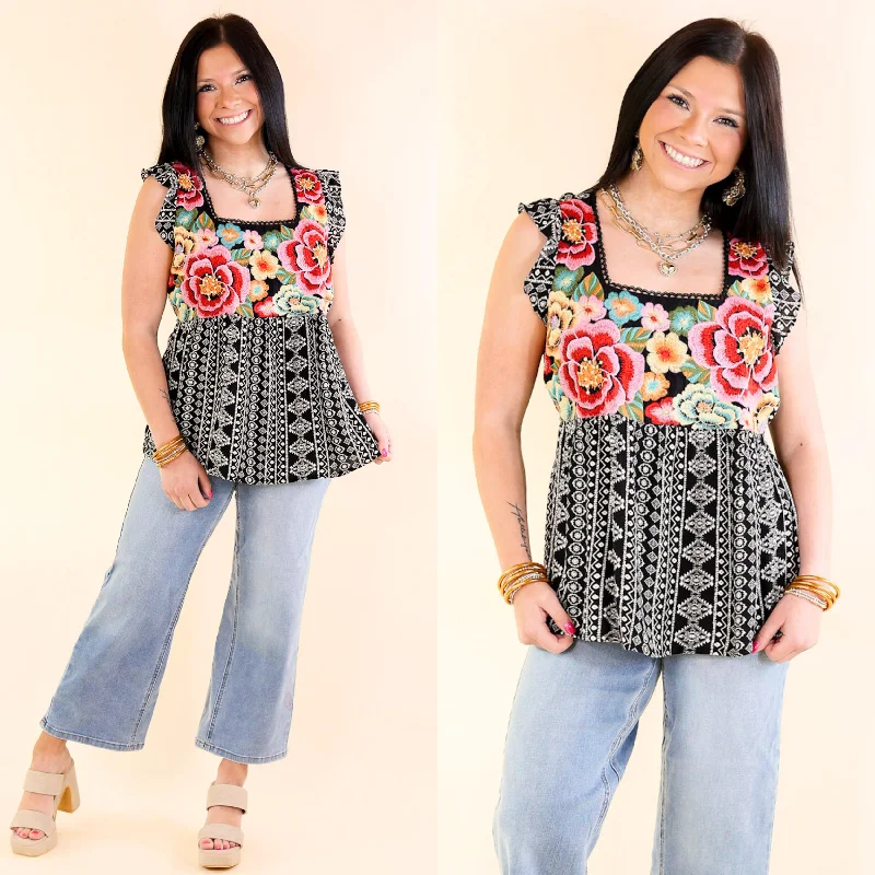 For A Season Floral Embroidered Tribal Print Tank Top in Black