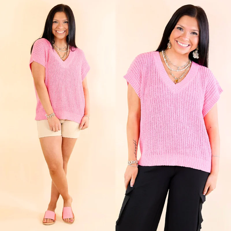 Summer Days Short Sleeve V Neck Sweater in Hot Pink