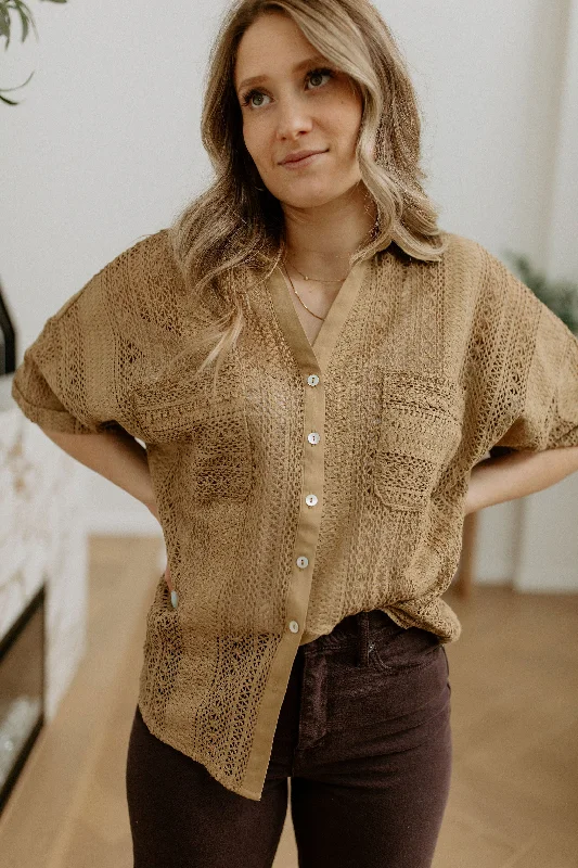 The Cavalleri Short Sleeve Crochet Button Down - Olive Brown Dynamic Women's High - energy