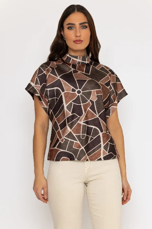 High Neck Sateen Top in Khaki Print