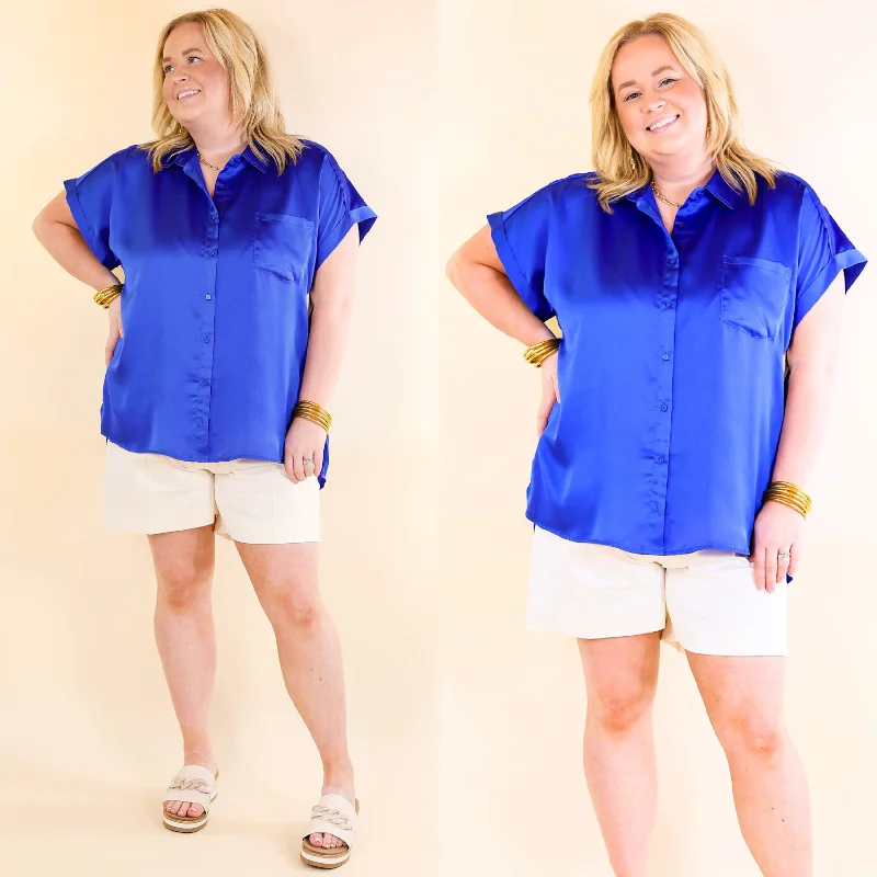 Free To Be Fab Button Up Short Sleeve Top in Royal Blue