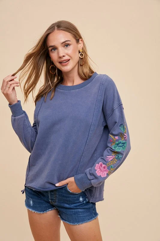 Annie Wear Embroidered Long Sleeve French Terry Top Refined Women's Velvet