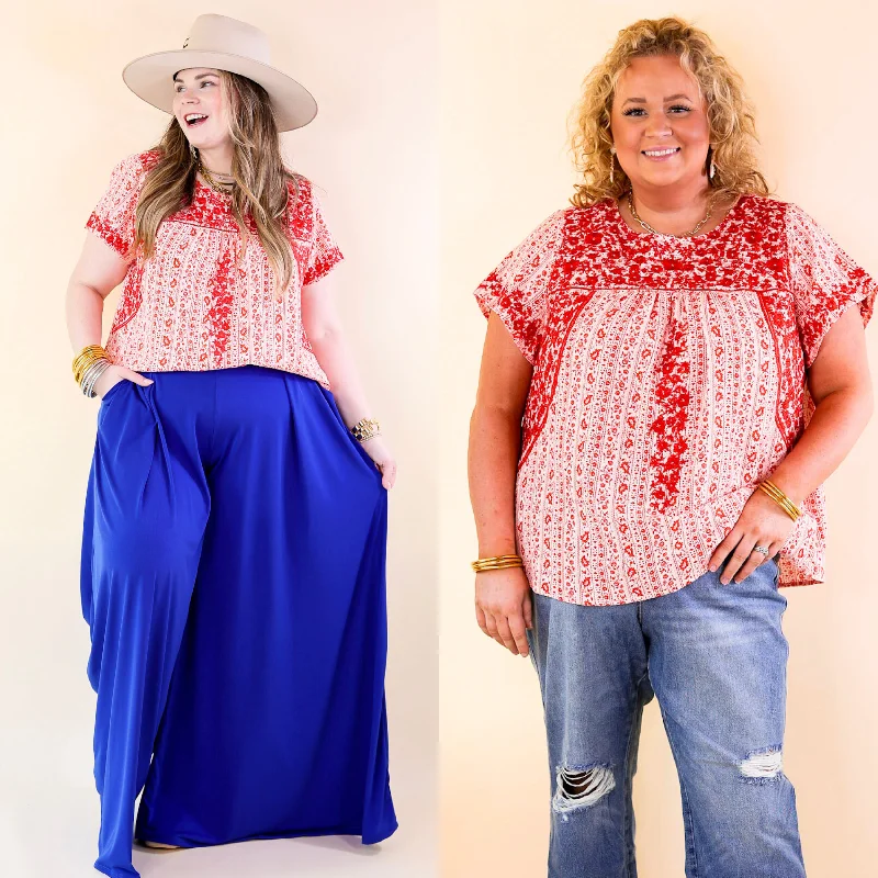 Sunny Day Floral Print Top with Red Floral Embroidery in Off White