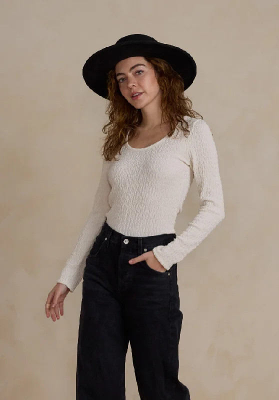 The Textured Long Sleeve Tee by Rylee + Cru - Ivory Hip Women's Retro