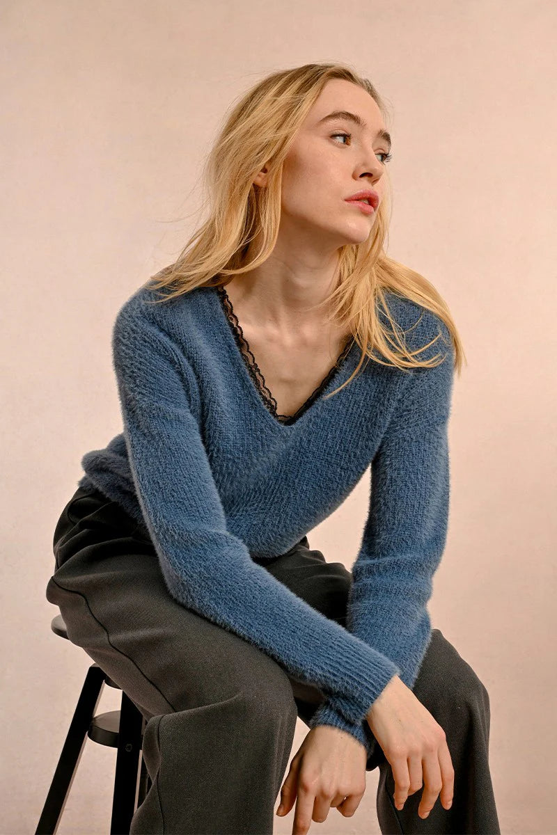 The Gisele Lace Trim Sweater - Ocean Blue Feminine Women's Soft 