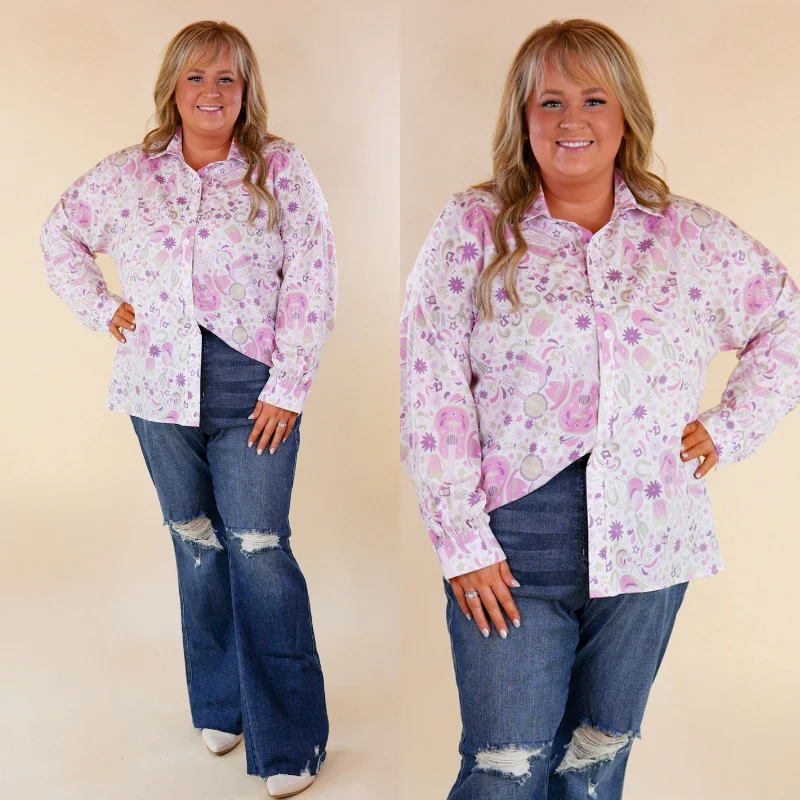 The Cowgirl Way Button Up Purple Music Print Top in White