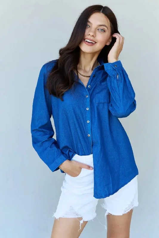 Doublju Blue Jean Baby Denim Button Down Shirt Top in Dark Blue Compression