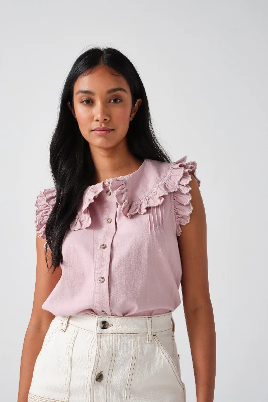 Phoebe Blouse Short Sleeve in Washed Dusty Rose Denim Sporty Women's Tennis