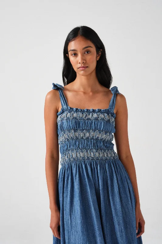 Sally Tie Bandeau Dress in Washed Indigo Minimalist Women's Casual