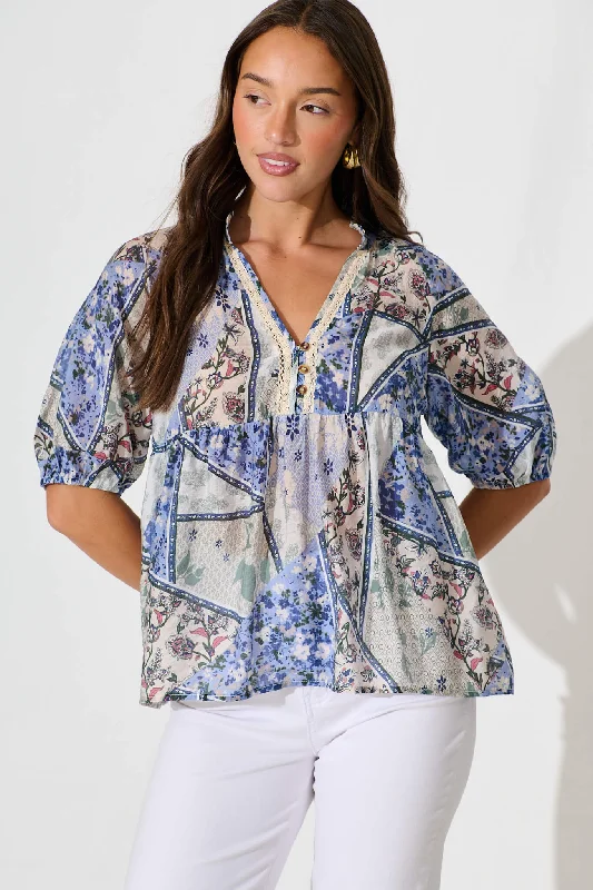 Zoya Top In Blue Patchwork Bold Women's Statement