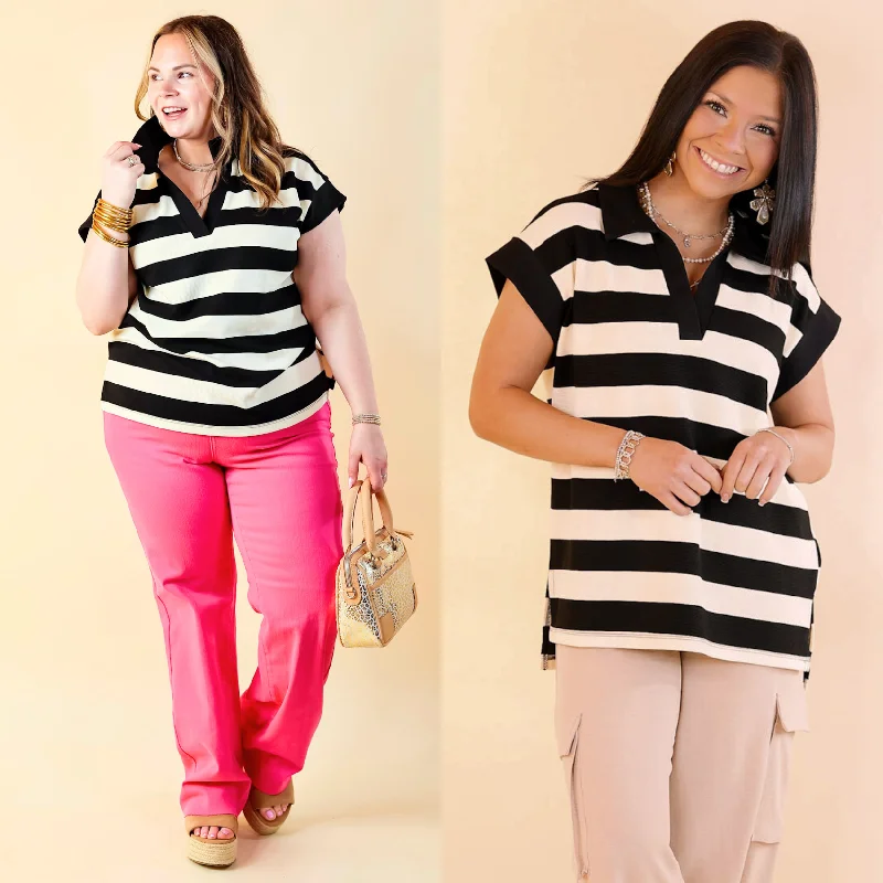 Stripe it Simple Collared Stripe Top with Drop Sleeves in Black and Cream